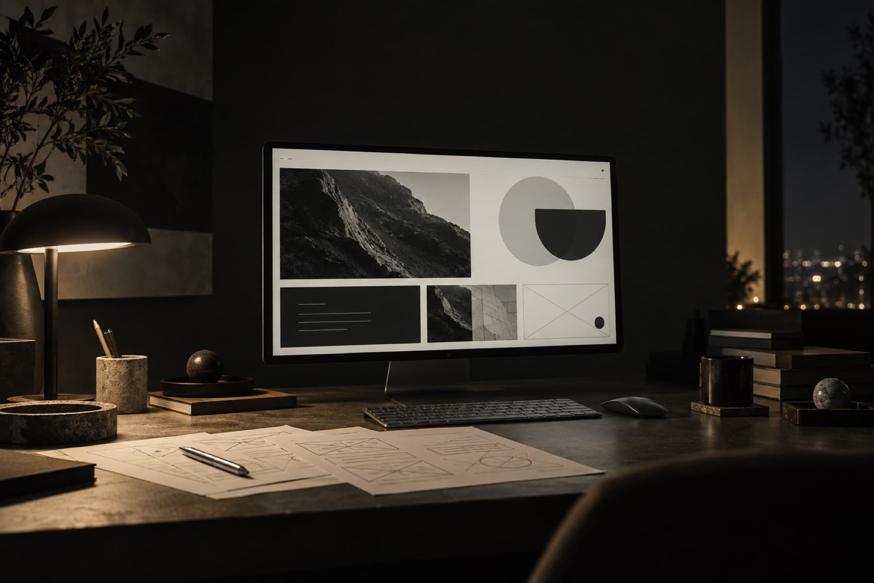 Estudio de diseño web oscuro con pantalla de ordenador, wireframes y bocetos sobre una mesa.